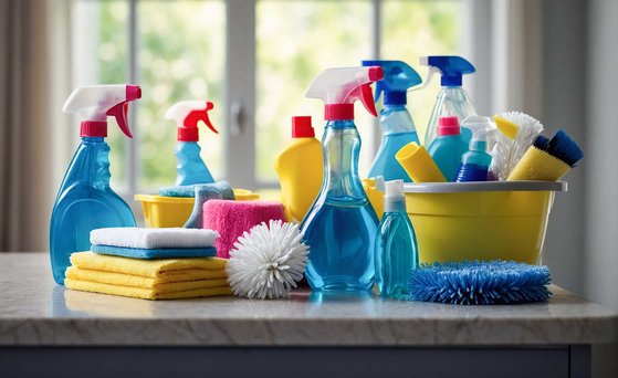 Auf einem Tresen sind verschiedene Reinigungsmittel aufgestellt. Im Hintergrund ist ein Fenster mit Blick ins Grüne.
