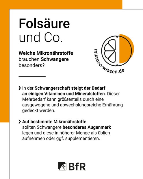 Folsäure und Co - Welche Mikronährstoffe brauchen Schwangere besonders? In der Schwangerschaft steigt der Bedarf an einigen Vitaminen un Mineralstoffen. Dieser Mehrbedarf kann größtenteils durch eine ausgewogene und abwechslungsreiche Ernährung gedeckt werden. Auf bestimmte Mikronährstoffe sollten Schwangere besonderes Augenmerk legen und diese in höherer Menge als üblich aufnehmen oder ggf. supplementieren.
