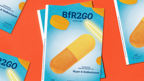 Cover der BfR2GO-Ausgabe 1/2025, Schwerpunkt Nahrungsergänzungsmittel 