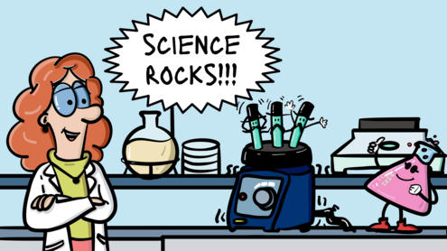 Comicbild mit einer Wissenschaftlerin im Labor. Drei Reagenzgläser rufen "Science rocks".