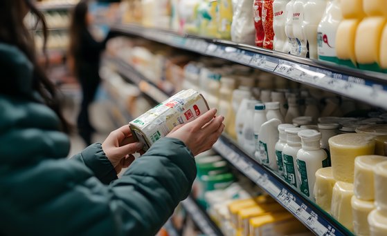 Person steht am Supermarktregal und hält Verpackung in den Händen.