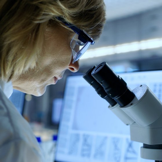Forschung Female person in white lab coat and protective goggles looking through a microscope. In the background, a computer screen, blurred laboratory