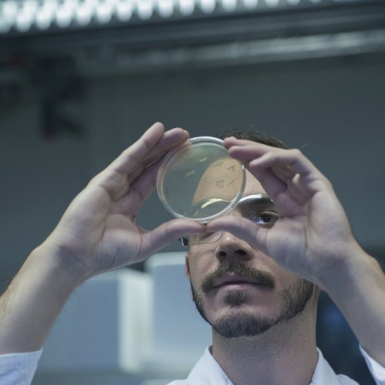 Mikrobielle Risiken Man in white gown in laboratory