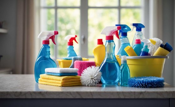 Various cleaning products are lined up on a counter. In the background, there is a window with a view of a garden.
