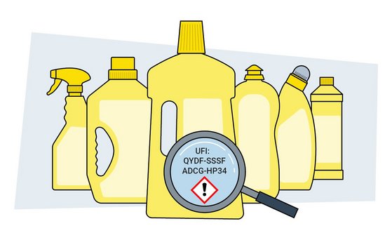 Illustration von Haushaltsprodukten mit UFI-Code im Vordergrund