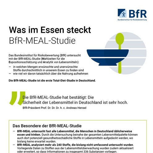 Das Bundesinstitut für Risikobewertung (BfR) untersucht mit der BfR-MEAL-Studie (Mahlzeiten für die Expositionsschätzung und Analytik von Lebensmitteln): · in welchen Mengen erwünschte und unerwünschte Stoffe durchschnittlich in unserem Essen zu finden sind · wie viel wir davon tatsächlich über die Nahrung aufnehmen. Die BfR-MEAL-Studie ist die erste Total-Diet-Studie in Deutschland. „Die BfR-MEAL-Studie hat bestätigt: Die Sicherheit der Lebensmittel in Deutschland ist sehr hoch.“ BfR-Präsident Prof. Dr. Dr. Dr. h. c. Andreas Hensel. Das Besondere der BfR-MEAL-Studie · BfR-MEAL untersucht fast alle Lebensmittel, die Menschen in Deutschland üblicherweise essen und trinken. Durch die Untersuchung beinahe der gesamten Lebensmittelpalette können auch dort potenziell gesundheitsschädliche Stoffe in Lebensmitteln aufgedeckt werden, wo bislang keine erwartet wurden. · BfR-MEAL analysiert mehr als 240 Stoffe, die bislang nicht umfassend untersucht wurden. Vorliegende Daten zu Stoffen aus der Lebensmittelüberwachung wurden zudem aktualisiert oder erweitert, so dass Informationen zu insgesamt 336 Substanzen vorliegen. · BfR-MEAL untersucht zubereitete Lebensmittel und Gerichte. Auf diese Weise werden sowohl die tatsächlich enthaltenen Stoffe in Lebensmitteln erfasst als auch unerwünschte Stoffe, die bei der Zubereitung entstehen können, wie z.B. das potenziell gesundheitsschädliche Acrylamid. Der Nutzen der BfR-MEAL-Studie · Mit den umfassenden und aktuellen MEAL-Daten berät das BfR die Politik bei Fragen zur Lebensmittelsicherheit. · Die Daten helfen, umfassender und genauer abzuschätzen, wie viel an unerwünschten Stoffen Menschen in Deutschland durch Lebensmittel aufnehmen. Mögliche gesundheitliche Risiken werden so besser erkannt. · Im Fall von Lebensmittelkrisen dienen die MEAL-Daten sofort als Vergleichsdaten. · Durch die Studie weiß das BfR genau, was die Verbraucherinnen und Verbraucher auf dem Teller haben. Empfehlungen für die Zubereitung von Lebensmitteln werden an sie weitergegeben. Was wurde gemacht? Die BfR-MEAL-Studie deckt mindestens 90 Prozent des Speiseplans der deutschen Bevölkerung ab. · 365 untersuchte Lebensmittel (Abbildung einer Müslischale, einer Milchverpackung und einer Paprika): Dazu gehören häufig verzehrte Lebensmittel wie Brot und Kartoffeln, aber auch selten verzehrte Lebensmittel wie Dorschleber oder Steinpilze. · 60.000 eingekaufte Produkte (Abbildung Einkaufswagen): Die Lebensmittel wurden im Supermarkt, beim Bäcker, am Imbiss oder im Feinkostladen gekauft. · 9.000 zubereitete Gerichte (Abbildung Kochbuch): Die Lebensmittel wurden vor der Untersuchung genauso zubereitet, wie sie üblicherweise in deutschen Haushalten verzehrt werden. · 336 analysierte Stoffe (Abbildung Erlen-Meyer-Kolben mit Lupe): Von Acrylamid bis Zink: Untersucht wurden die Proben auf erwünschte und unerwünschte Stoffe wie Schwermetalle, Schimmelpilzgifte, Pestizidrückstände und Nährstoffe. Welche Ergebnisse liegen vor? 140.000 Laborergebnisse werden sukzessive ausgewertet und veröffentlicht. Eine Auswahl: · Dioxine (Abbildung einer Milchverpackung): Tierische Produkte, z.B. Fisch, Butter, Milchprodukte, Fleisch und Fleischprodukte, zeigten höhere Gehalte an Dioxinen als pflanzliche Lebensmittel. Alle Werte lagen unterhalb der gesetzlichen Höchstgrenzen. · Acrylamid (Abbildung Pommes frites): Pommes Frites, im Ofen gebacken, enthielten weniger Acrylamid als solche aus Heißluftfritteuse oder Fritteuse. · Methylquecksilber (Abbildung Fisch): Um die Aufnahme von Methylquecksilber zu verringern, können Fische mit höheren Gehalten wie z.B. Dornhai, Thunfisch, Rotbarsch und Aal durch Fische mit geringeren Gehalten wie z.B. Forelle, Lachs oder Karpfen ersetzt werden.