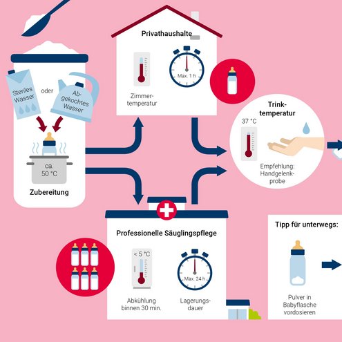 Links beginnt die Darstellung mit einem Behälter für Säuglingsnahrung in Pulverform und zwei Wasserquellen: „Steriles Wasser“ aus der Flasche oder „Abgekochtes Wasser“ aus dem Wasserkocher. Beide führen mit roten Pfeilen zu einem Kochtopf, aus dem eine Babyflasche herausschaut, welche gerade bei ca. 50 °C erhitzt wird. Dieser Abschnitt ist mit Zubereitung beschriftet. Von dort führen zwei Pfeile in unterschiedliche Richtungen. Nach oben zeigt ein Pfeil zu einem Haus, welches Privathaushalte darstellen soll. Hier befinden sich die Hinweise, dass die fertig angemischte Säuglingsnahrung maximal eine Stunde bei Zimmertemperatur aufbewahrt werden kann. Der zweite Pfeil geht von der Zubereitung nach unten und es ist ein Krankenhaus dargestellt, in welchem professionelle Säuglingspflege stattfindet. Die fertig angemischte Säuglingsnahrung soll hier zuerst binnen 30 Minuten auf < 5 °C abkühlen und kann dann maximal 24 Stunden gelagert werden. Ein roter Kreis mit mehreren Babyflaschen weist auf vorbereitete Vorräte hin. Von den Privathaushalten und von der professionellen Säuglingspflege führt nun jeweils ein Pfeil zum nächsten Abschnitt, der Trinktemperatur. Die Trinktemperatur soll bei 37 °C liegen und es wird die Handgelenkprobe empfohlen, um sicherzustellen, dass die Temperatur der Säuglingsnahrung angemessen ist. Im nächsten Schritt sind eine Babyflasche und ein Baby dargestellt. Darüber befindet sich ein Uhrensymbol mit der Angabe maximal 1 Stunde. Der Abschnitt bezieht sich auf das Füttern und verdeutlicht, dass die Nahrung innerhalb von einer Stunde verbraucht werden soll. Anschließend führt der letzte Pfeil zu einem Warnsymbol in dem ein Mülleimer dargestellt ist mit der Unterschrift „Entsorgung aller Reste“. Rechts unten enthält die Grafik einen Tipp für unterwegs. Zuerst wird eine Babyflasche abgebildet, in der bereits Pulver ist, laut Unterschrift bereits vordosiert. Außerdem ist eine dampfende Thermoskanne dargestellt, da warmes Wasser mitgenommen werden soll. Ein Pfeil führt zum nächsten Bild, auf welchem das warme Wasser aus der Thermoskanne in die Babyflasche gefüllt wird. Es soll erst bei Bedarf gemischt werden. Abschließend soll die Nahrung auf Trinktemperatur gebracht und wie oben beschrieben verfüttert werden .